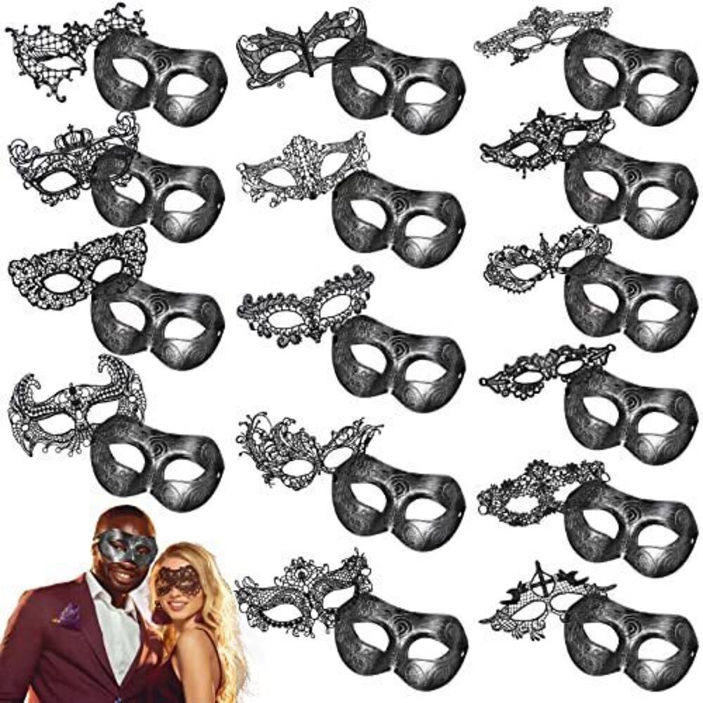 3785 30 Pcs Couple Masquerade Mask Black Lace Antique Venetian Mask